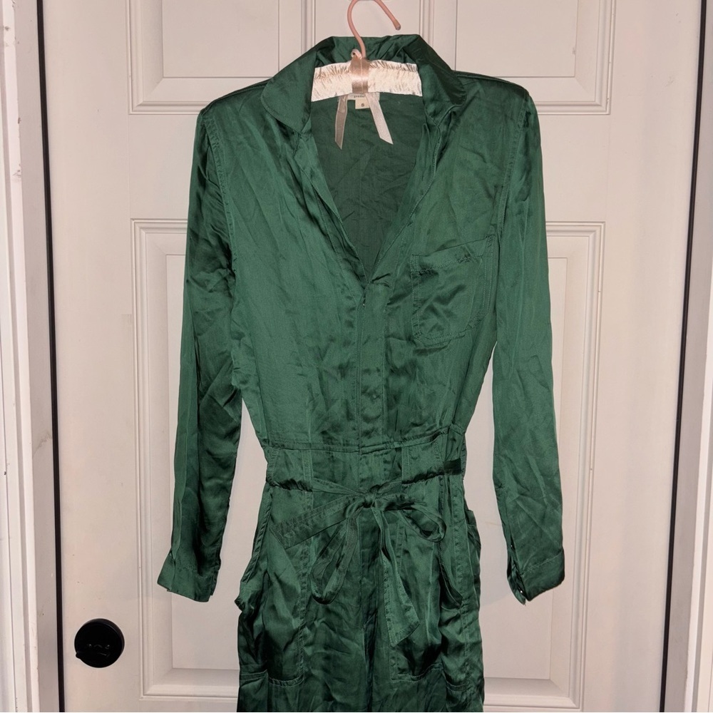 Guadalupe Design Emerald Green Long
Sleeve Cotton Lining Utility Silky Jumpsuit - Picture 2 of 15